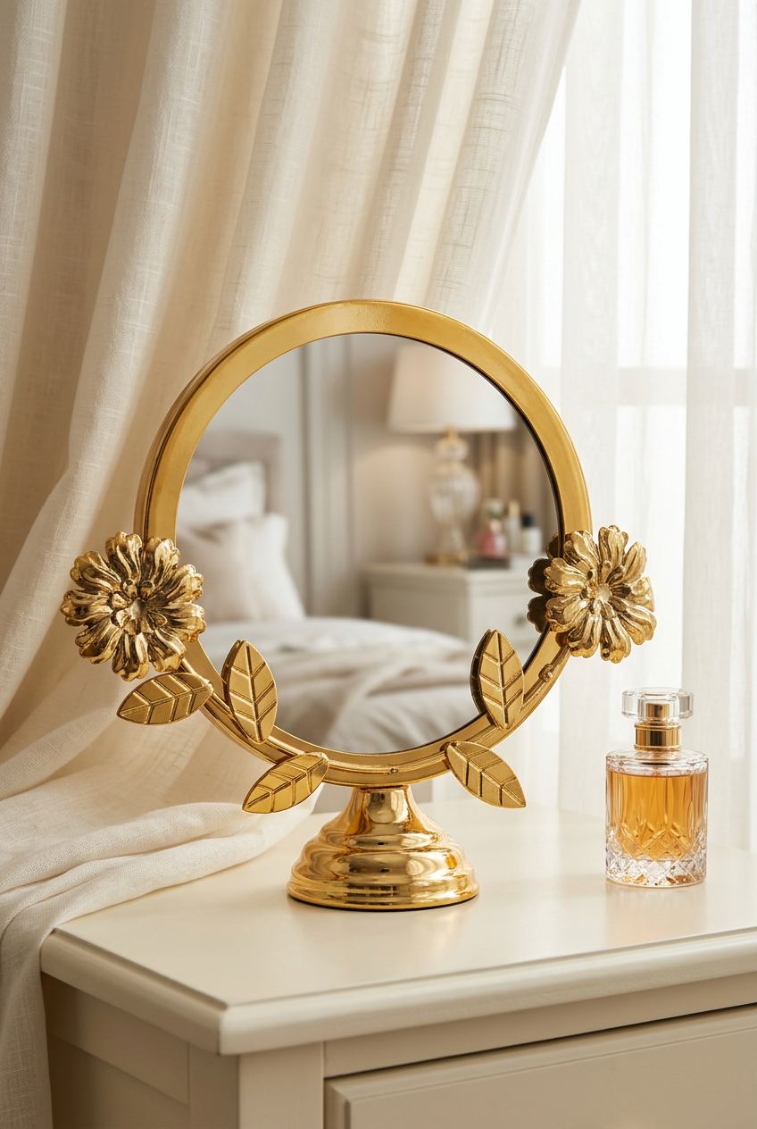 Gold Floral Round Tabletop Vanity Mirror with Stand | Happy Gift