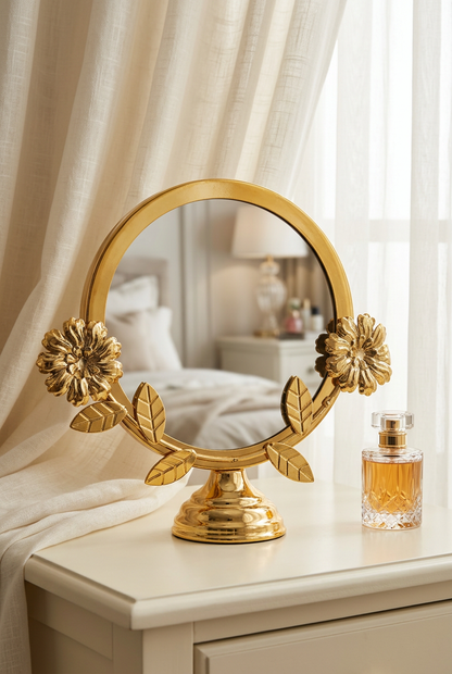 Gold Floral Round Tabletop Vanity Mirror with Stand | Happy Gift