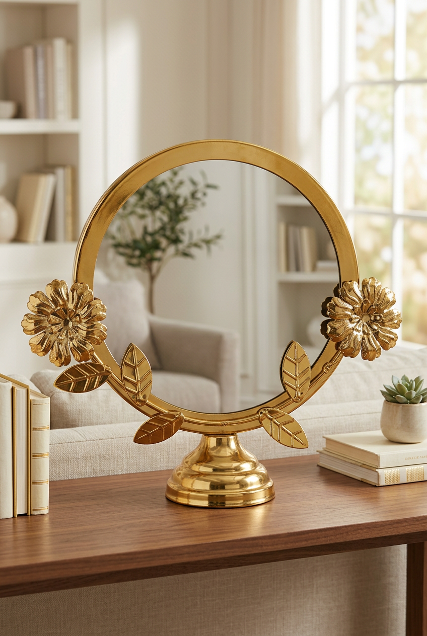 Gold Floral Round Tabletop Vanity Mirror with Stand | Happy Gift