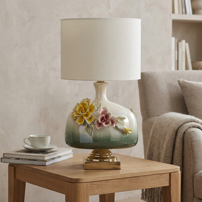Green & Ivory Floral Table Lamp with Shade | Happy Gift
