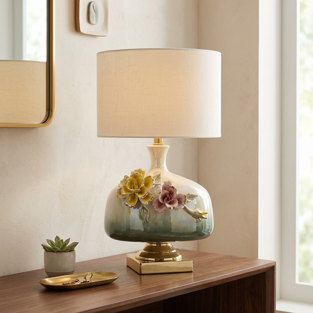 Green & Ivory Floral Table Lamp with Shade | Happy Gift