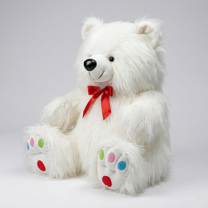 63 CM Fluffy White Teddy Bear with Red Bow | Happy Gift