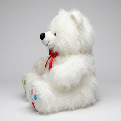 63 CM Fluffy White Teddy Bear with Red Bow | Happy Gift