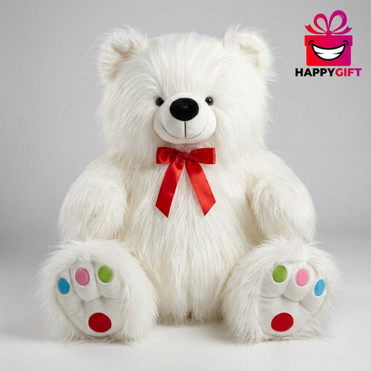 63 CM Fluffy White Teddy Bear with Red Bow | Happy Gift