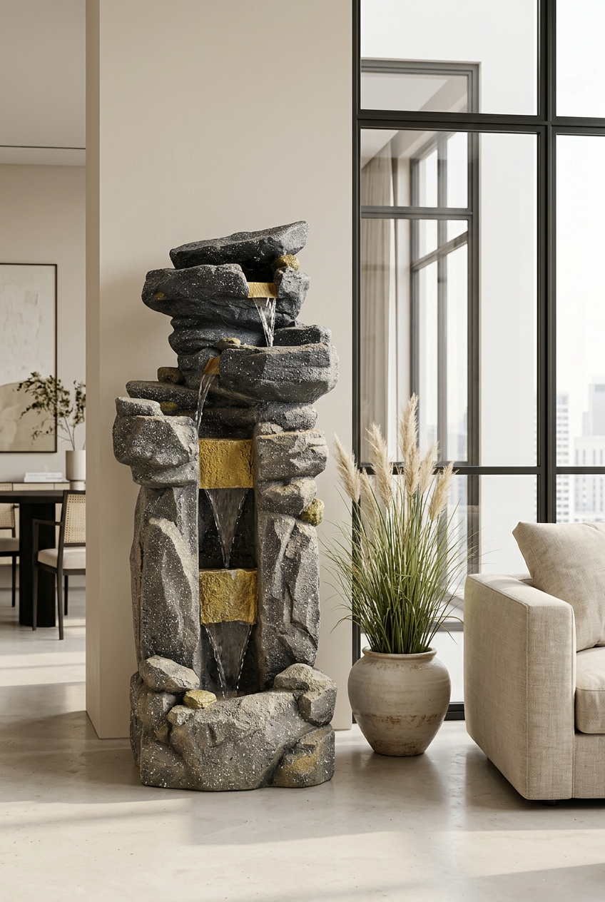 Cascading Rock Water Fountain with Gold Accents | Happy Gift