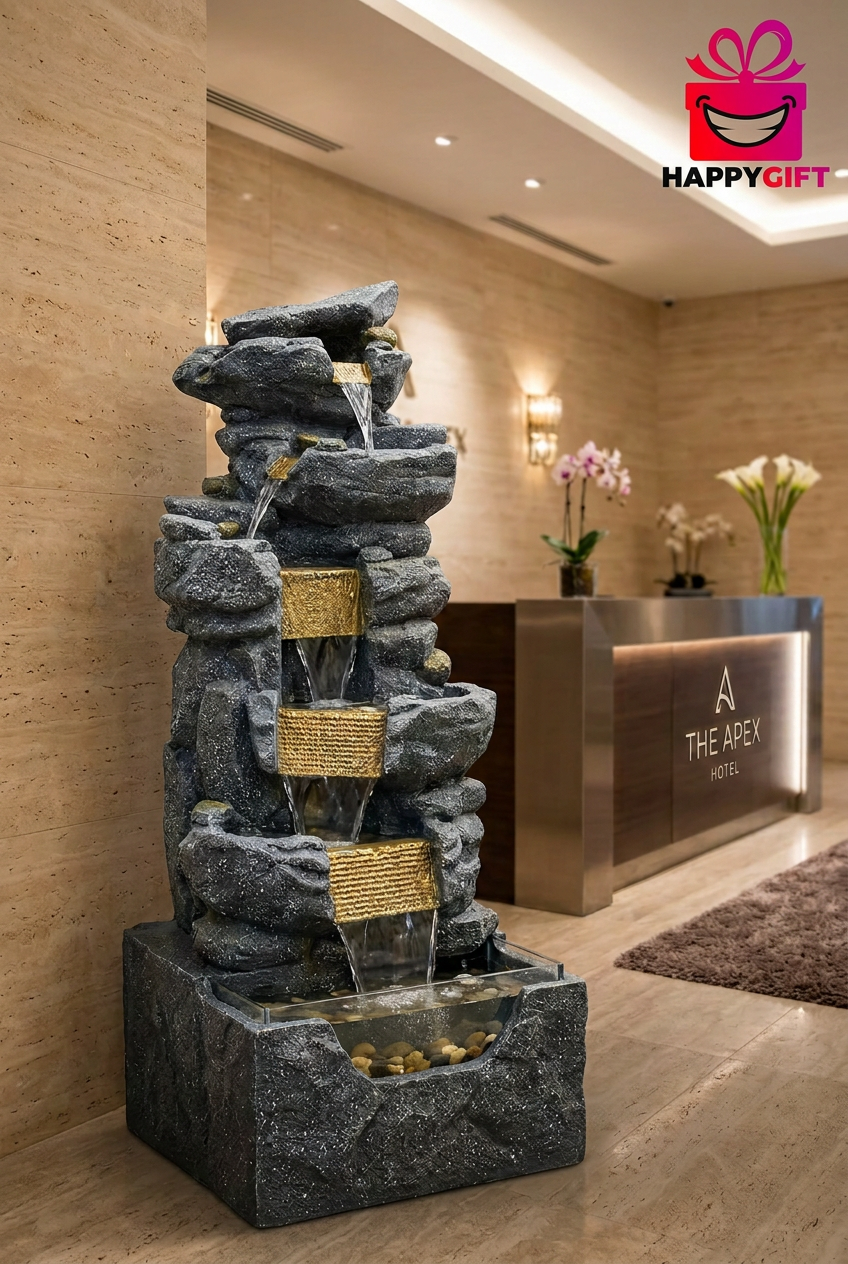 Cascading Rock Water Fountain with Gold Accents | Happy Gift