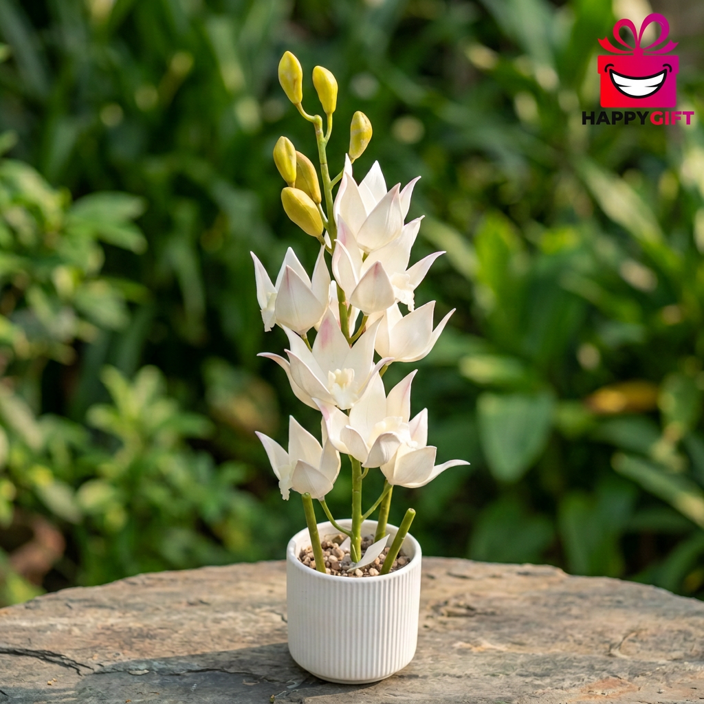 Title: White Artificial Flower Arrangement in Ribbed Pot | Happy Gift