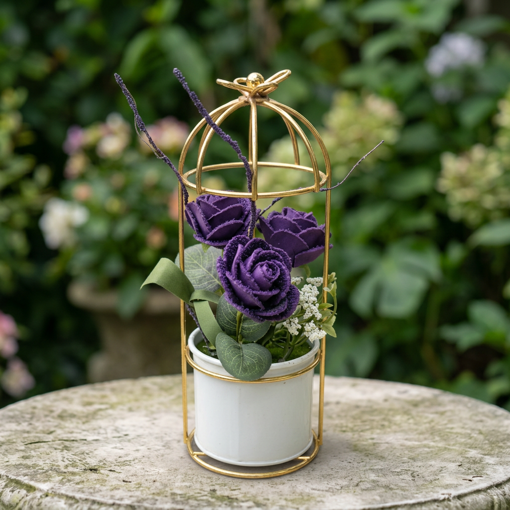 Purple Artificial Rose Arrangement in Gold Cage Stand | Happy Gift