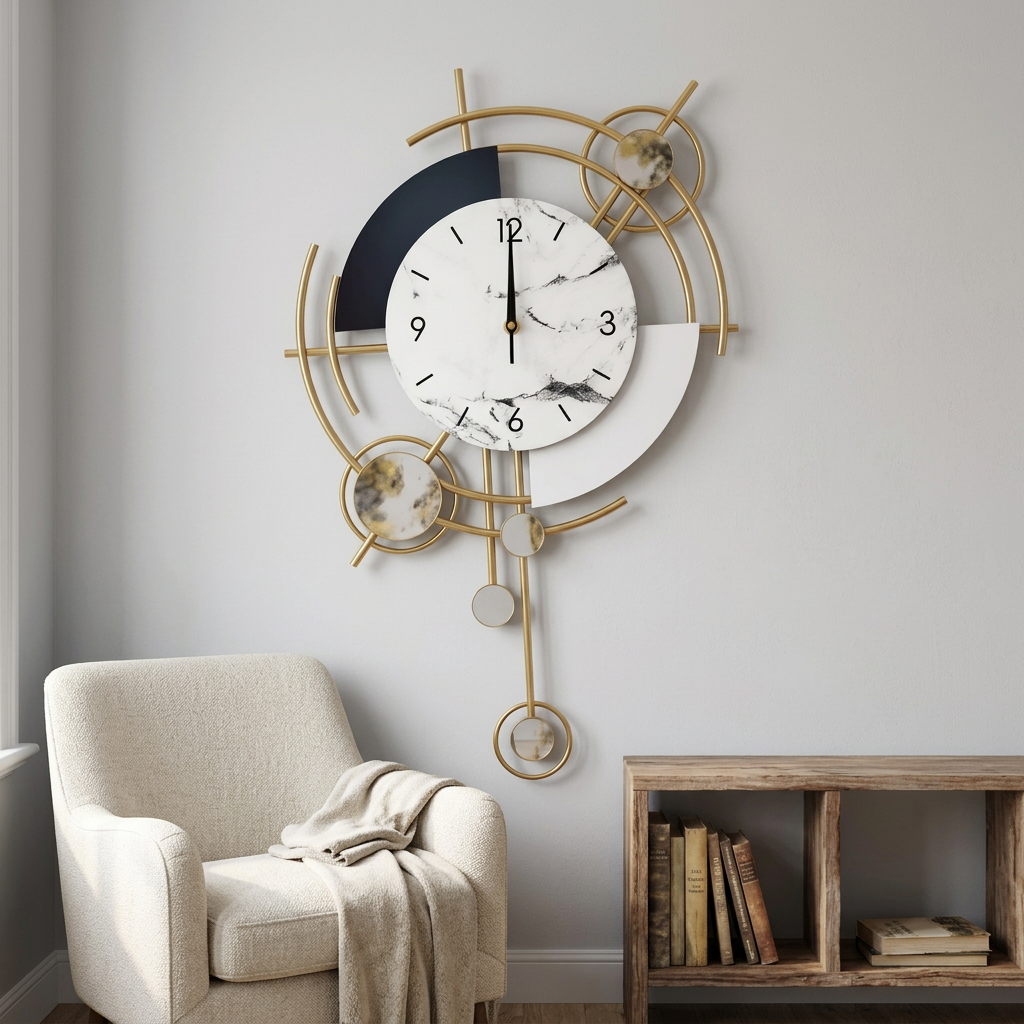 Modern Gold Geometric Wall Clock with Marble-Look Dial | Happy Gift