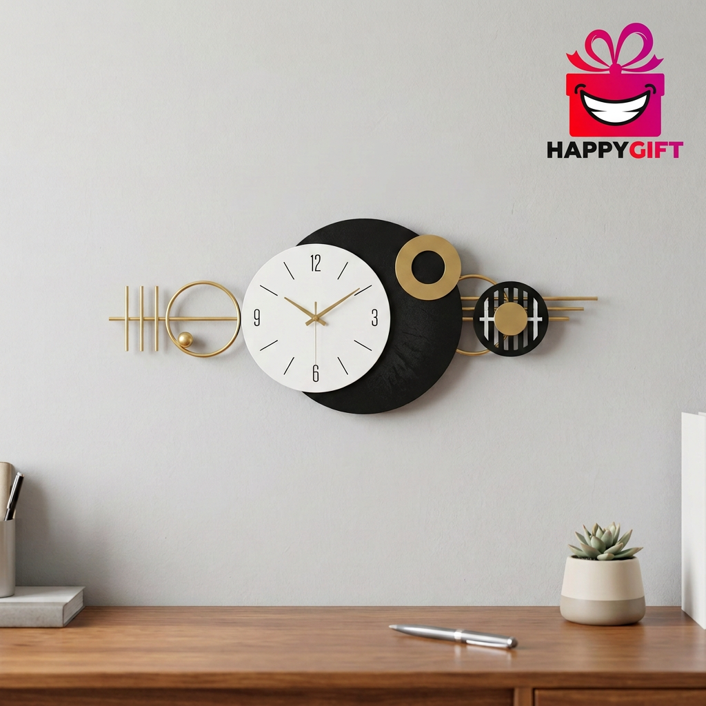 Modern Black & Gold Geometric Wall Clock | Happy Gift