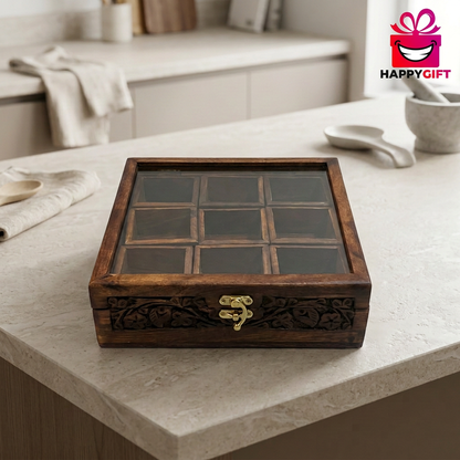 Carved Wooden Tea Box with Glass Lid – 9 Compartments | Happy Gift