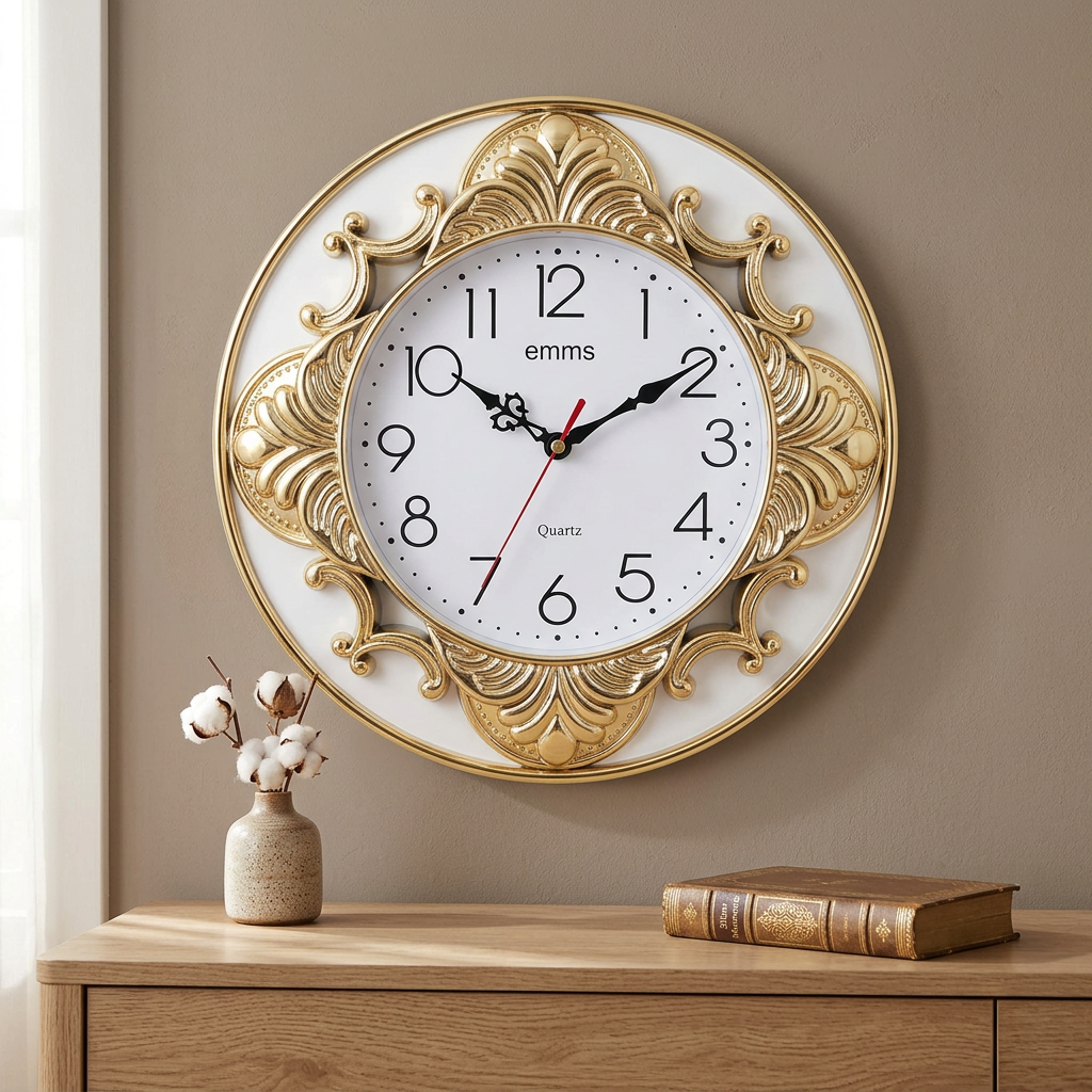Decorative Gold and White Wall Clock with Ornate Detailing – Happy Gift