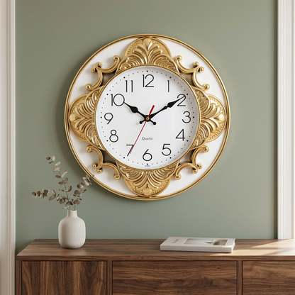 Decorative Gold and White Wall Clock with Ornate Detailing – Happy Gift