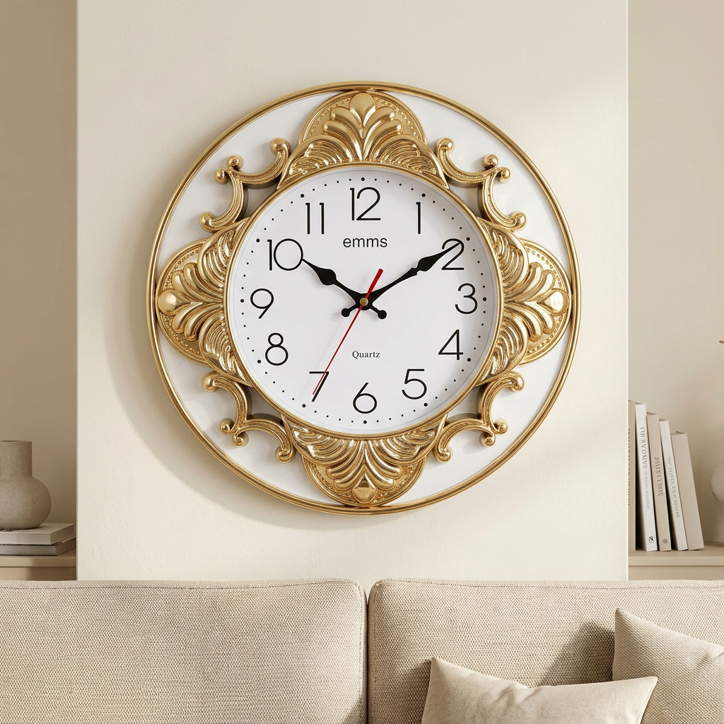 Decorative Gold and White Wall Clock with Ornate Detailing – Happy Gift