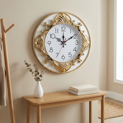 Decorative Gold and White Wall Clock with Ornate Detailing – Happy Gift