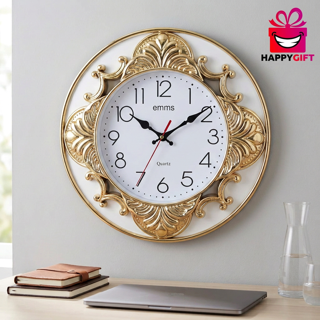 Decorative Gold and White Wall Clock with Ornate Detailing – Happy Gift