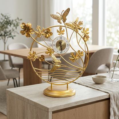 Gold Butterfly Flower Metal Table Clock | Happy Gift