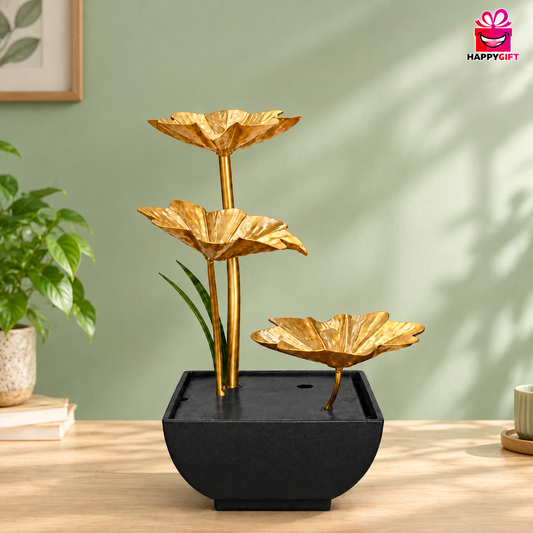 3-Tier Gold Lotus Leaf Desk Fountain – Modern Tabletop Waterfall Ornament
