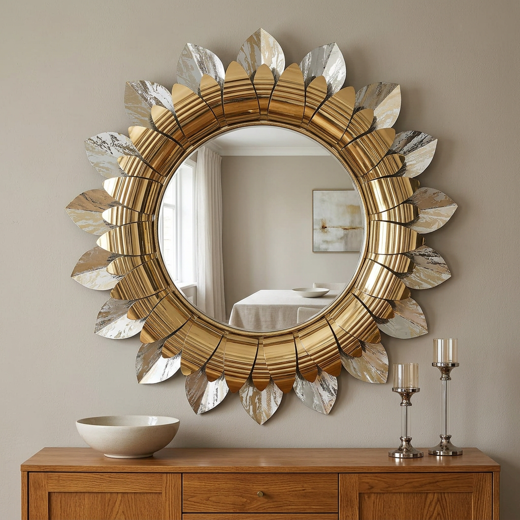 Gold Sunburst Decorative Mirror with Leaf Details – Happy Gift 2 by 2 FT