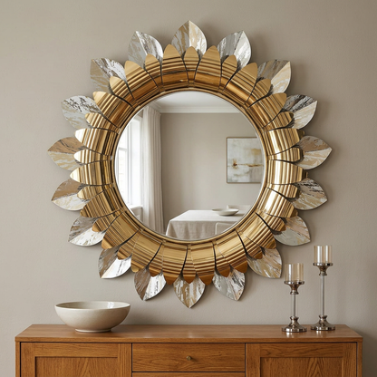 Gold Sunburst Decorative Mirror with Leaf Details – Happy Gift 2 by 2 FT