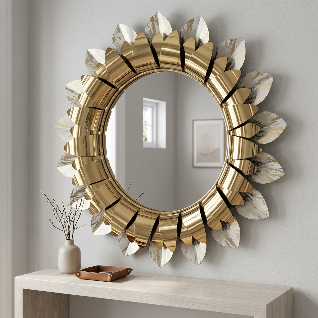Gold Sunburst Decorative Mirror with Leaf Details – Happy Gift 2 by 2 FT