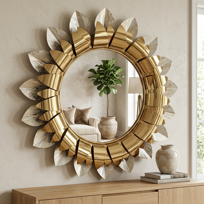 Gold Sunburst Decorative Mirror with Leaf Details – Happy Gift 2 by 2 FT