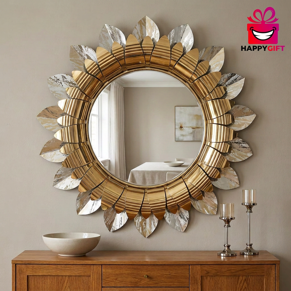 Gold Sunburst Decorative Mirror with Leaf Details – Happy Gift 2 by 2 FT