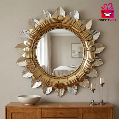 Gold Sunburst Decorative Mirror with Leaf Details – Happy Gift 2 by 2 FT