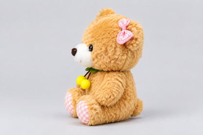 25CM Golden Teddy Bear with Pink Bow & Yellow Pom-Poms | Happy Gift