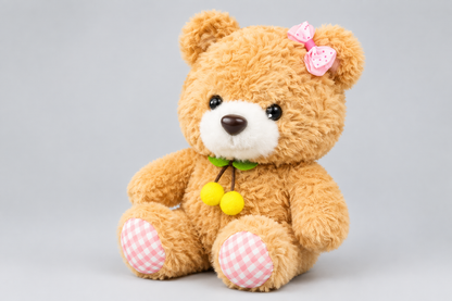25CM Golden Teddy Bear with Pink Bow & Yellow Pom-Poms | Happy Gift