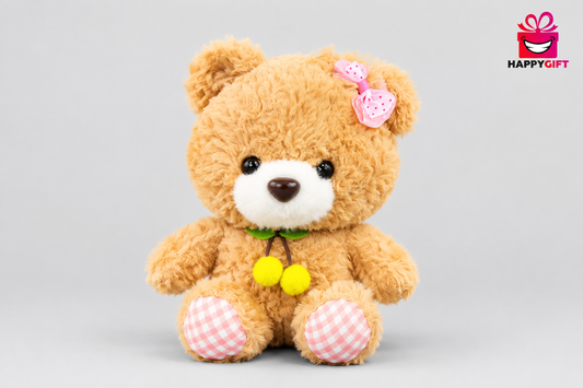 25CM Golden Teddy Bear with Pink Bow & Yellow Pom-Poms | Happy Gift