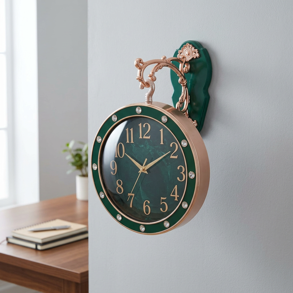 Double-Sided Green Wall Clock with Decorative Bracket – Happy Gift