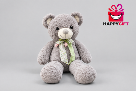 76CM Grey Teddy Bear with Floral Bow – Soft Plush Toy | Happy Gift