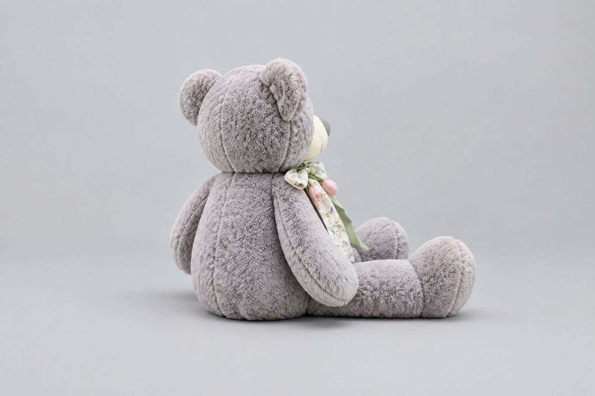 76CM Grey Teddy Bear with Floral Bow – Soft Plush Toy | Happy Gift