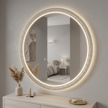 Round Decorative Mirror with Neon Light Border – Happy Gift Length 2 Foot width Foot
