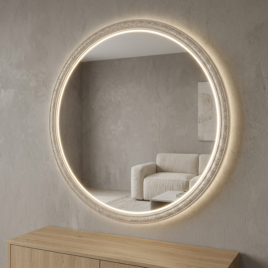 Round Decorative Mirror with Neon Light Border – Happy Gift Length 2 Foot width Foot