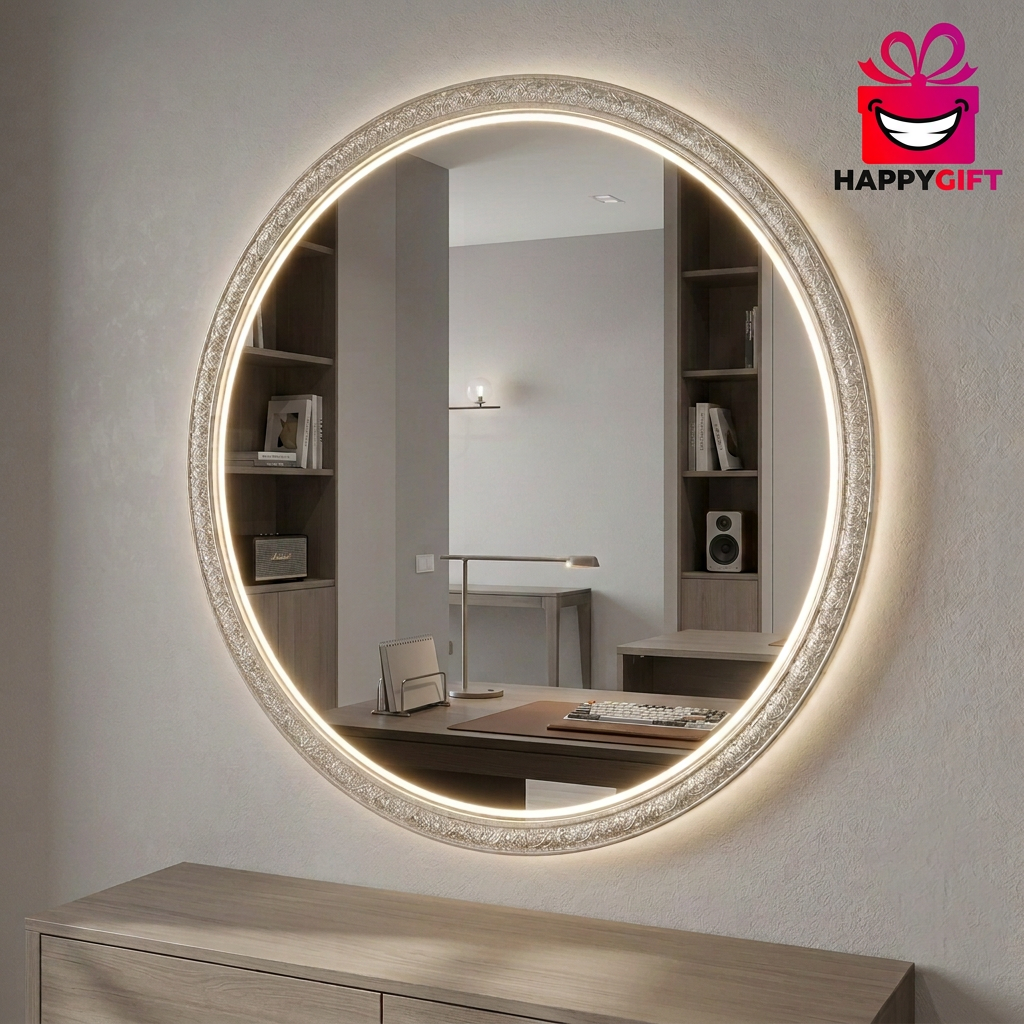 Round Decorative Mirror with Neon Light Border – Happy Gift Length 2 Foot width Foot