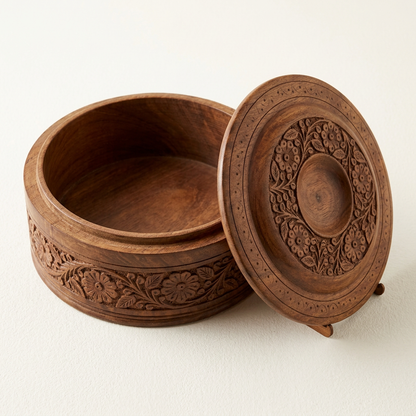 Round Floral Carved Wooden Box with Lid | Happy Gift
