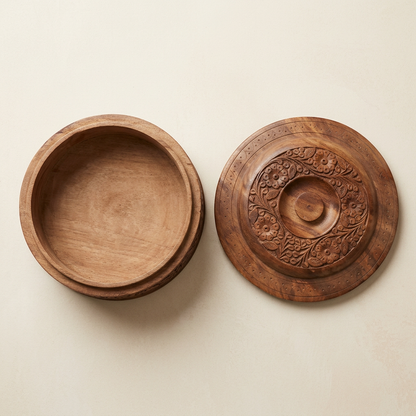 Round Floral Carved Wooden Box with Lid | Happy Gift
