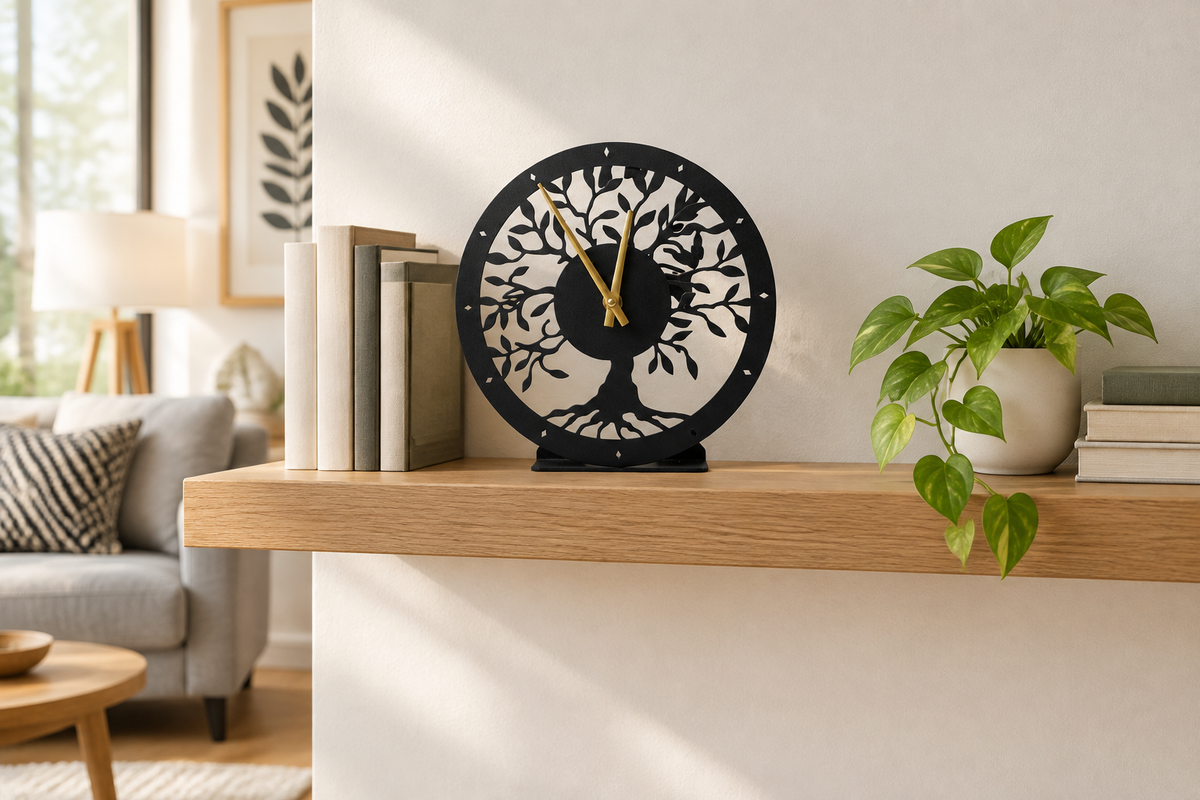 Tree of life clock on bookshelf