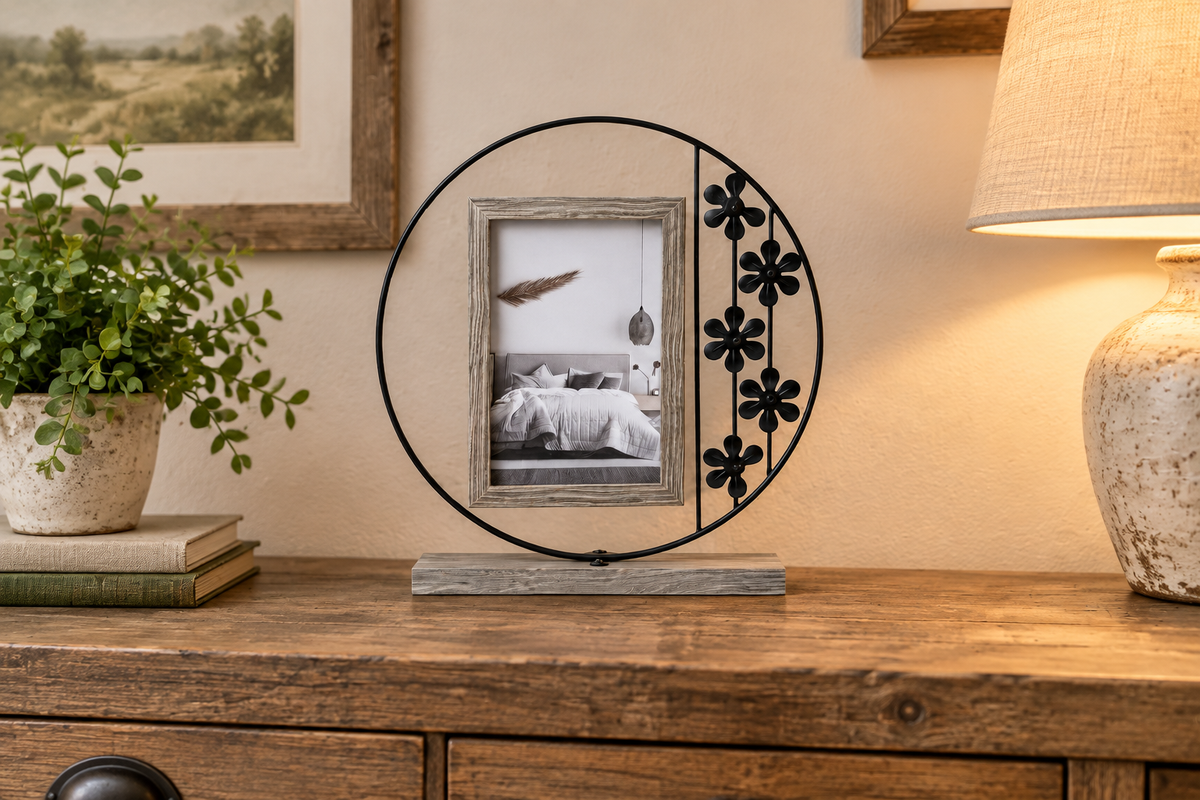 Picture frame on rustic living room console