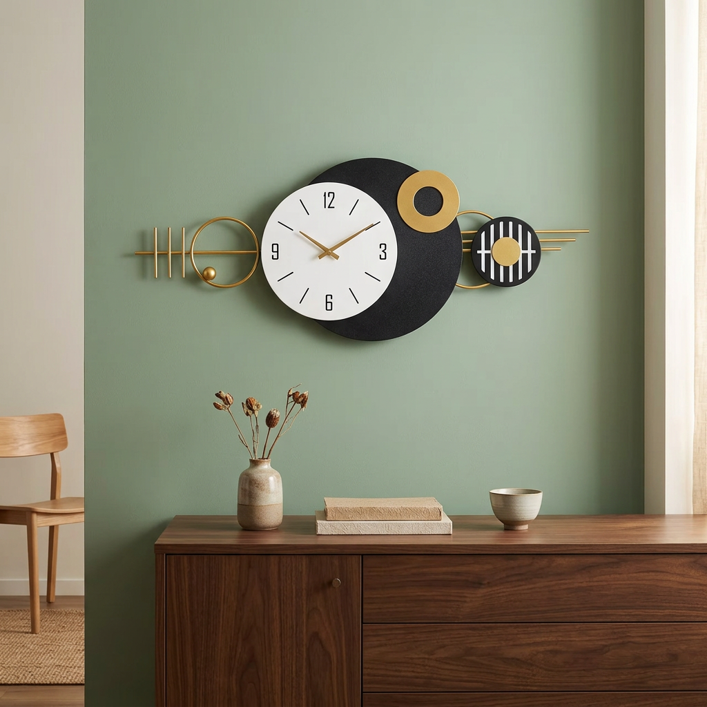 Modern geometric wall clock in a dining room