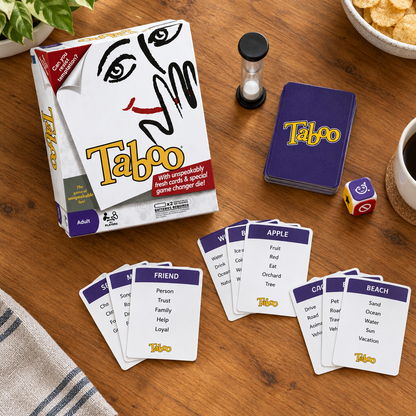 Taboo party game with cards spread out on a wooden table