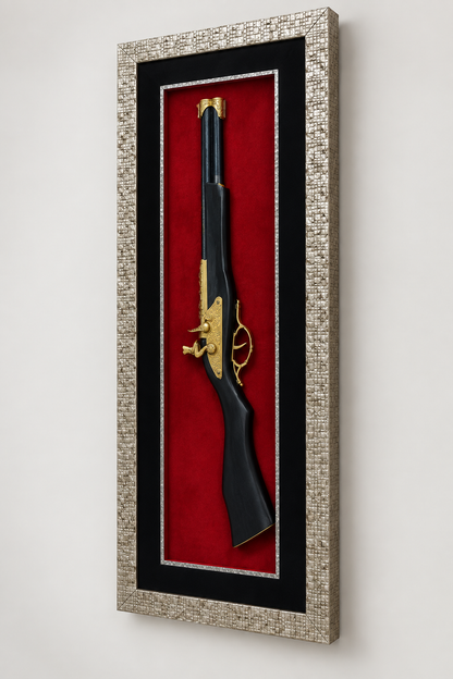 Vintage rifle framed wall art angled view