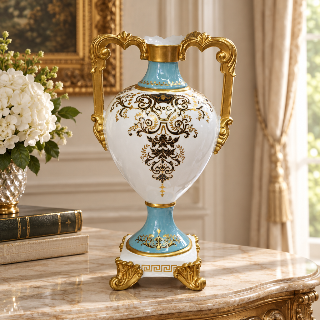 White and gold double-handle vase on a marble console