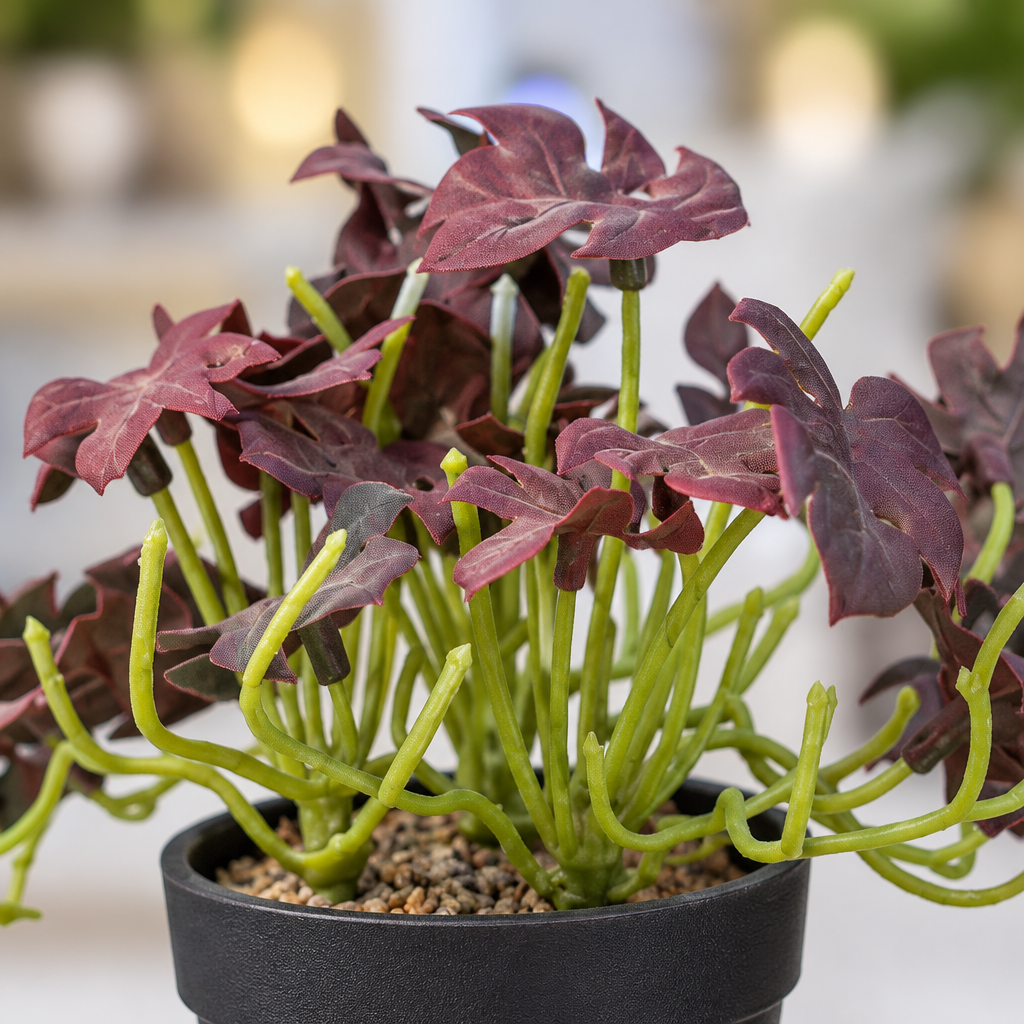 Close-up of burgundy leaves on mini faux foliage plant in black pot