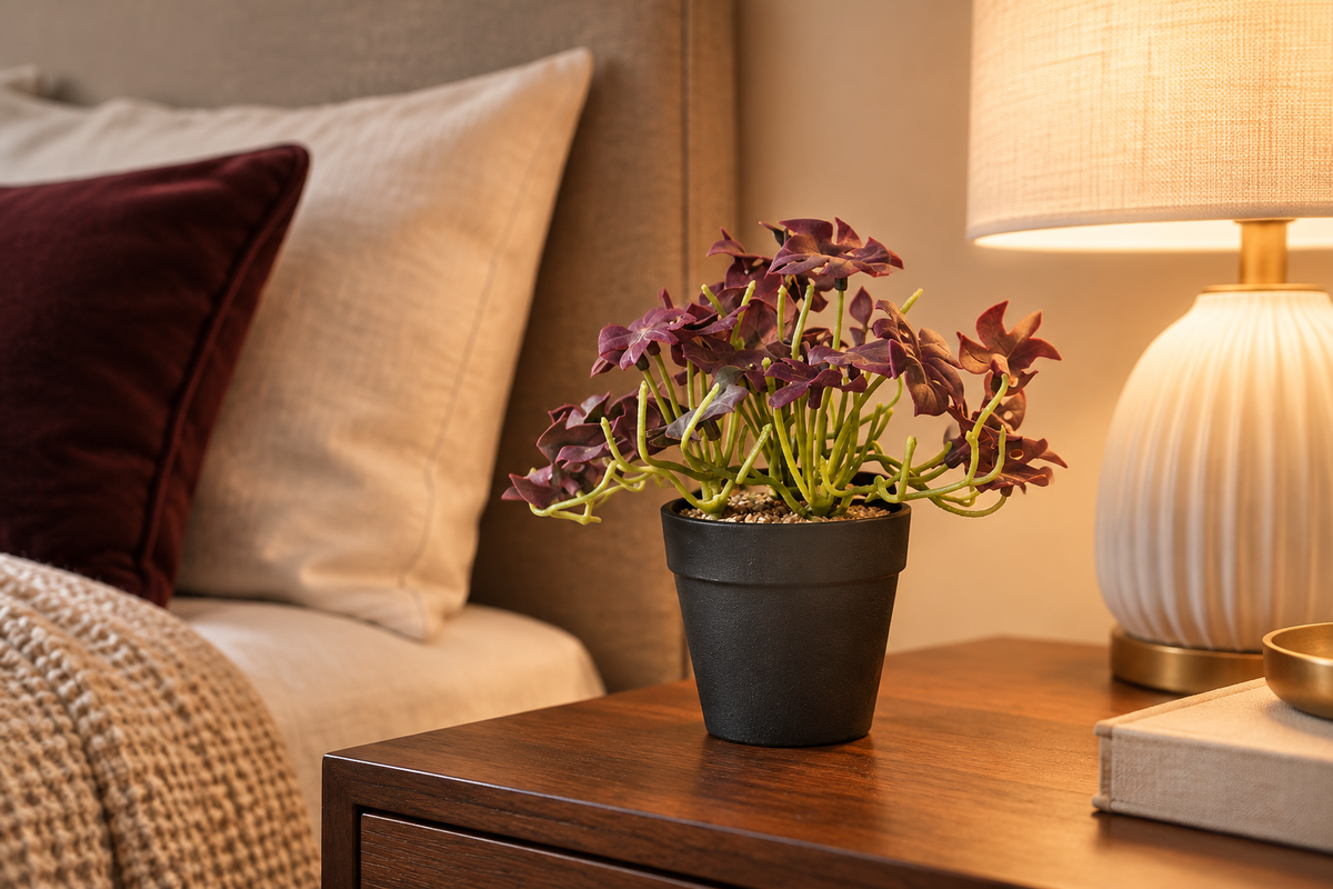 Mini faux foliage plant on a bedside table with lamp