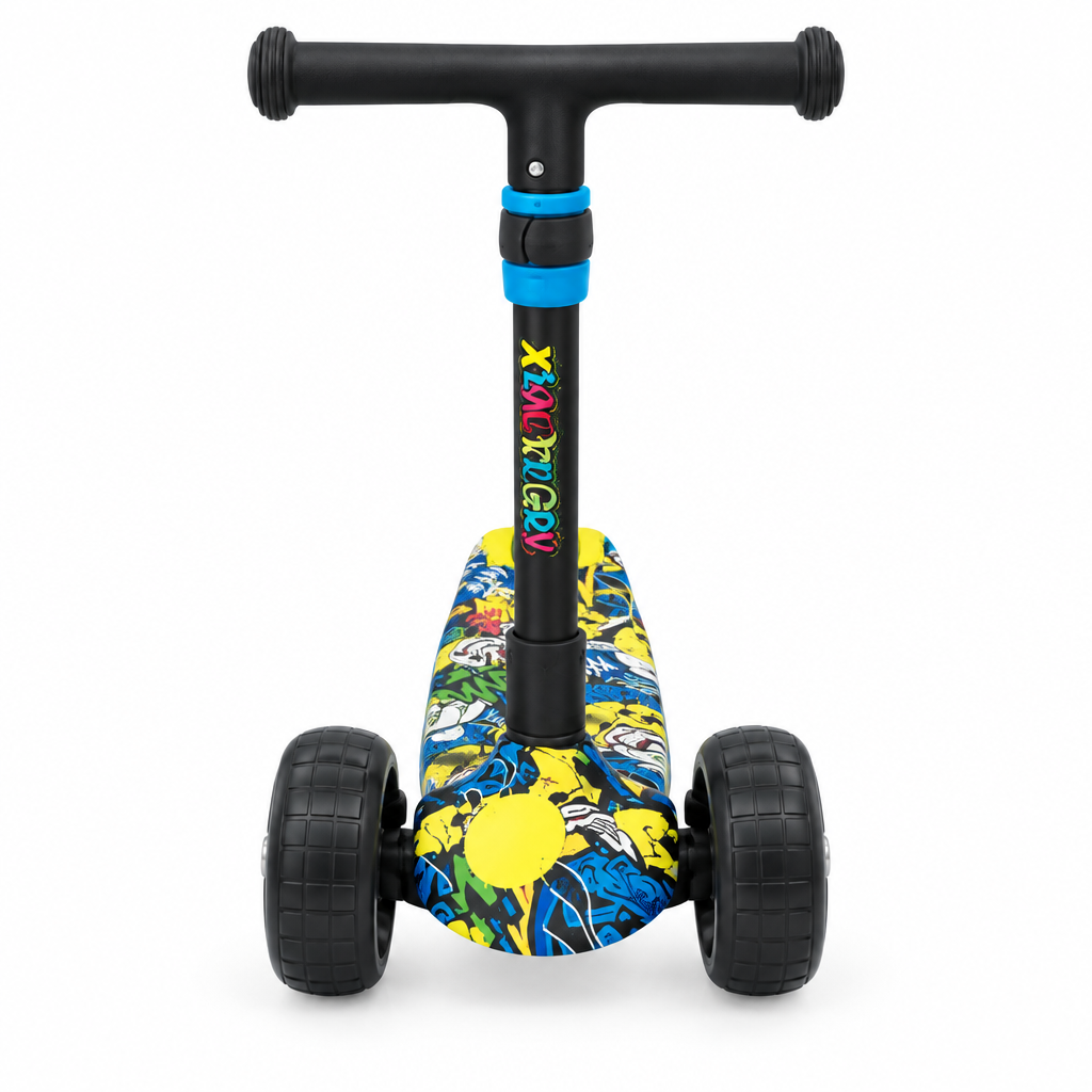 Blue graffiti kids 3-wheel scooter, front view