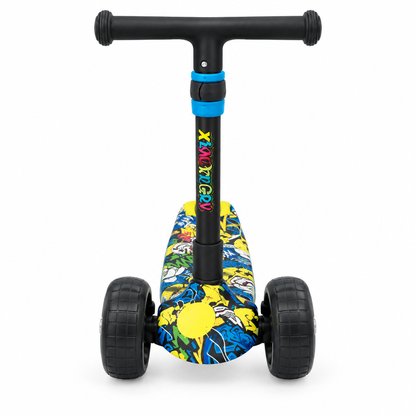 Blue graffiti kids 3-wheel scooter, front view