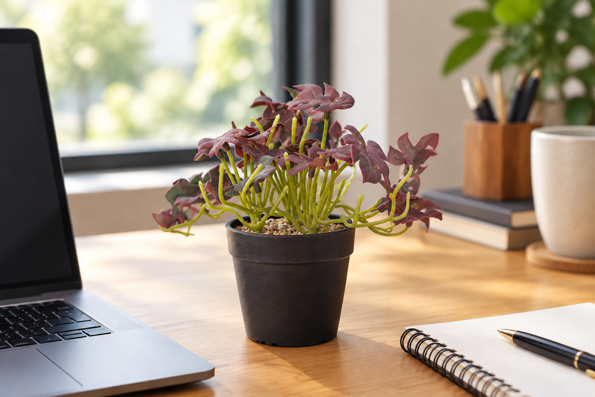 Mini faux foliage plant on an office desk with laptop